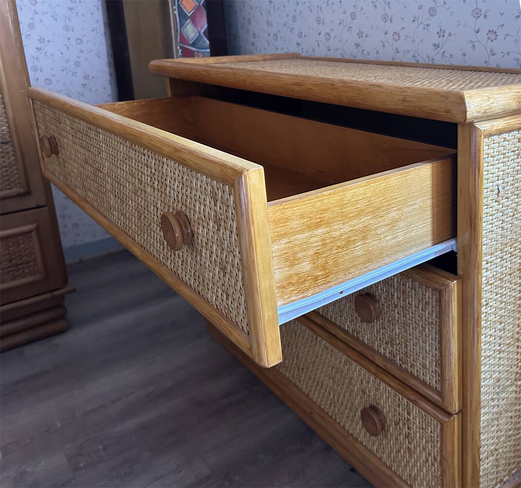 Maugrion chest of drawers for Roche Bobois, wood and rattan, 1980s