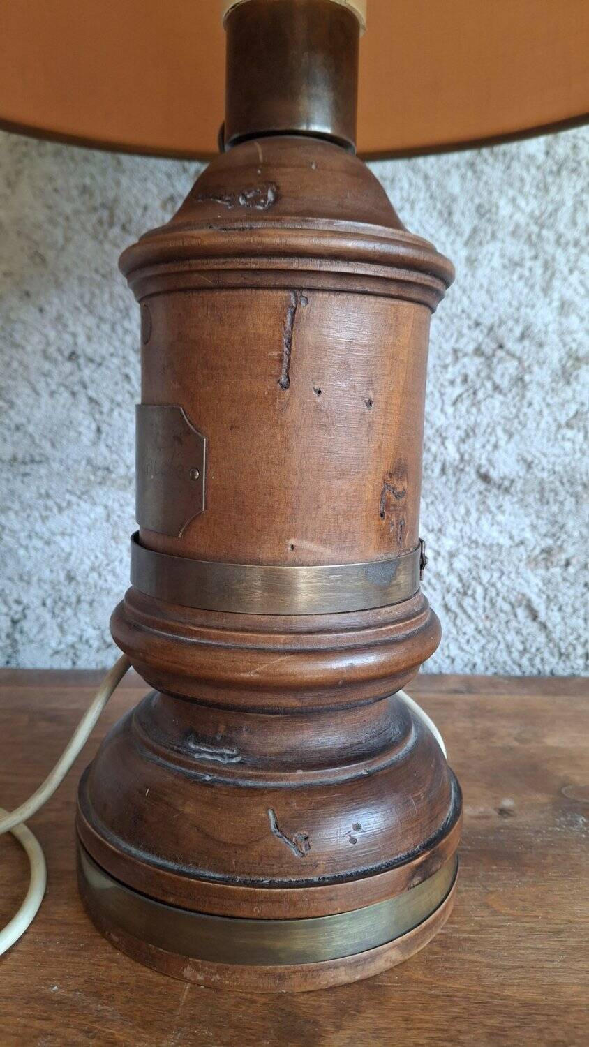 Antique turned wood lamp with engraved brass, Royal Adelaide.
