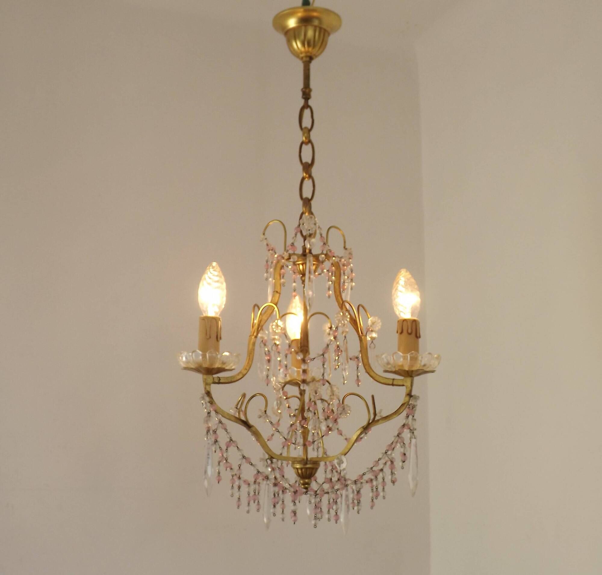 French gilt bronze three-light cage chandelier with pink and clear beaded swags.