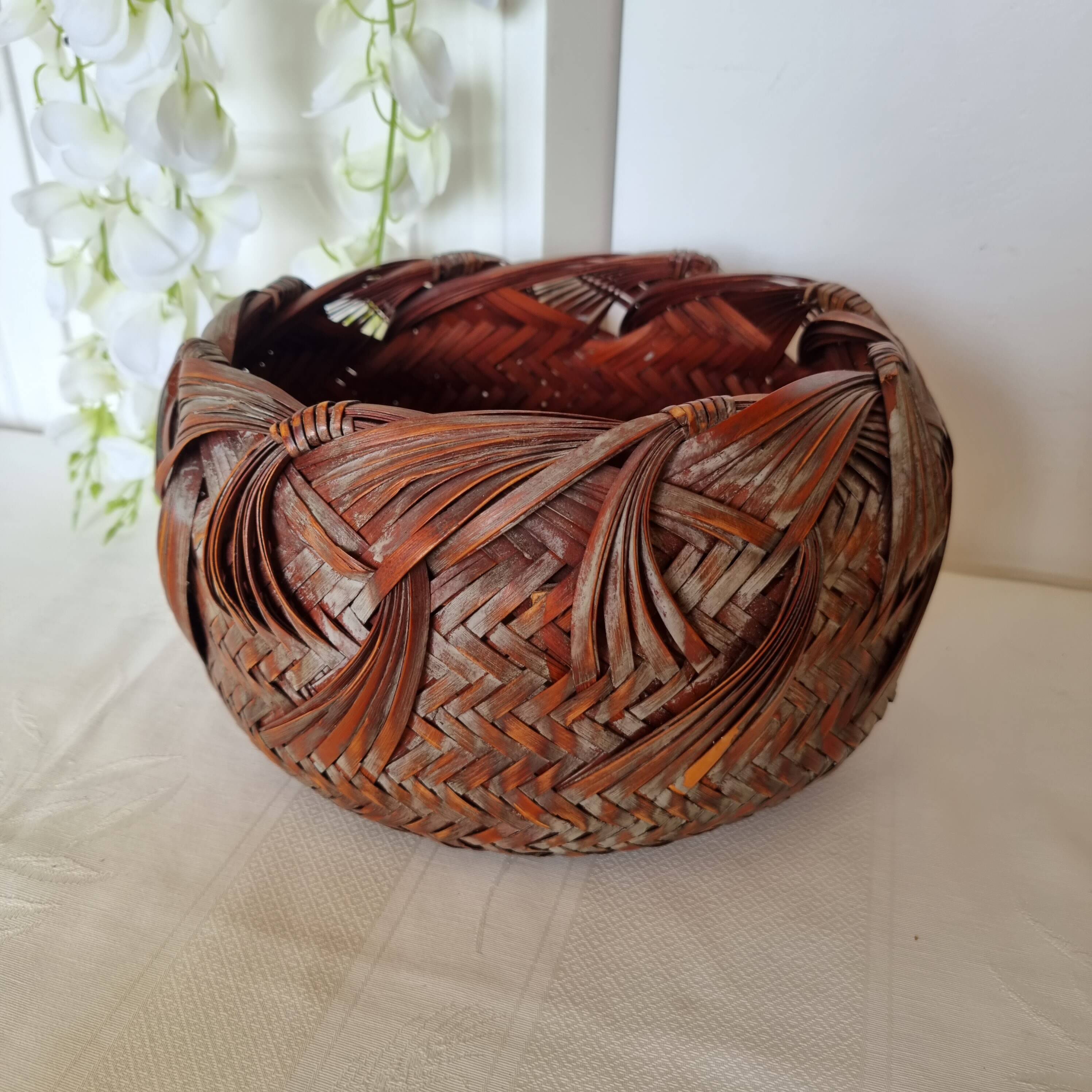 Vintage Japanese Ikebana basket made of smoked bamboo in natural