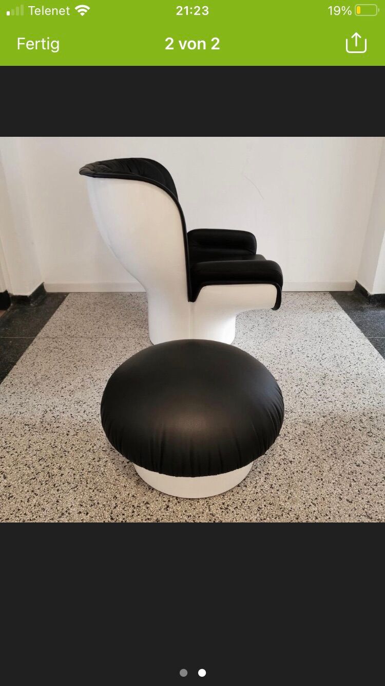 Joe Colombo Elda Chair + Ottoman in Black Leather and White Fiberglass Shell
