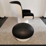 Joe Colombo Elda Chair + Ottoman in Black Leather and White Fiberglass Shell