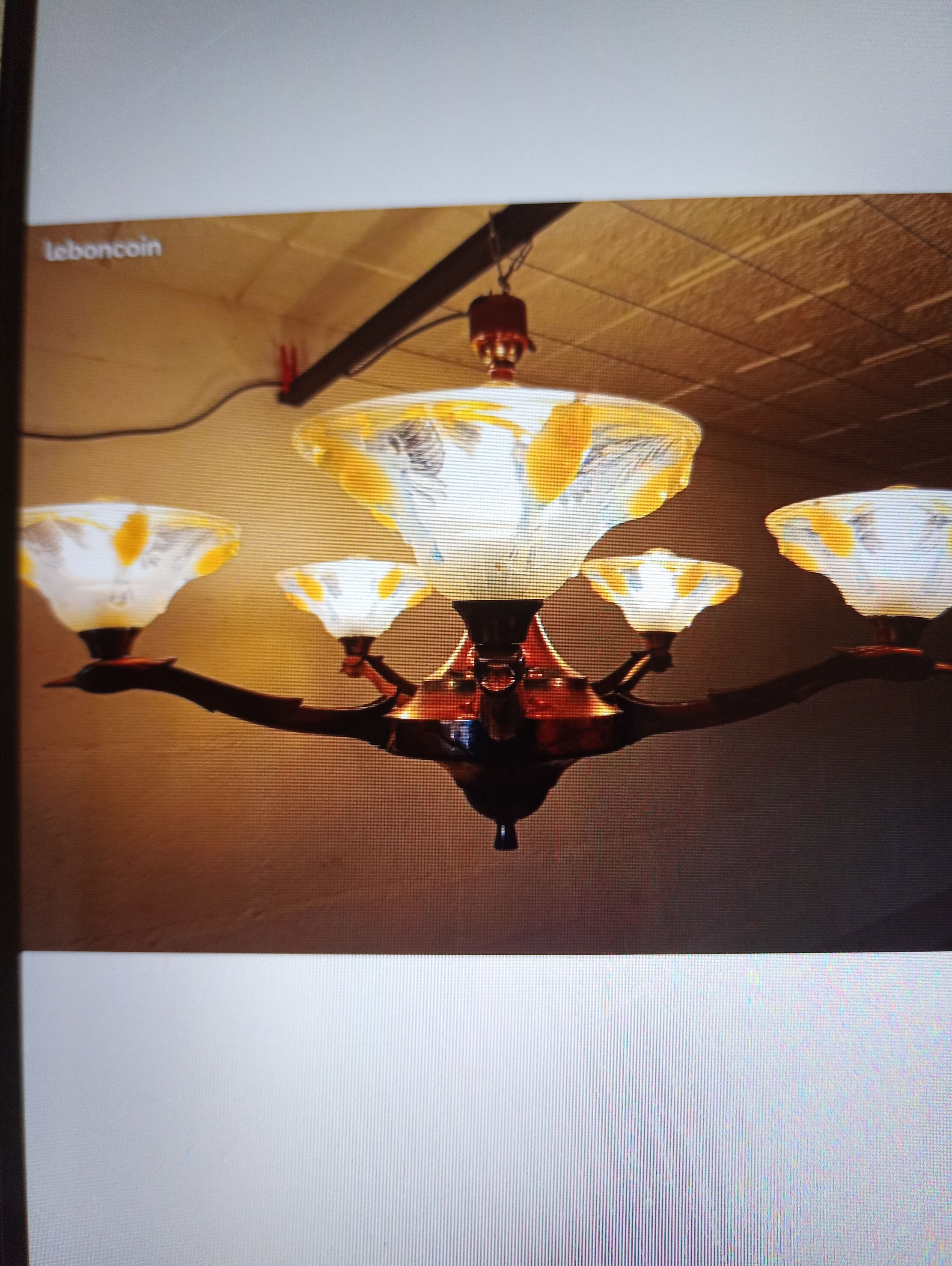 Opalescent glass and copper chandelier