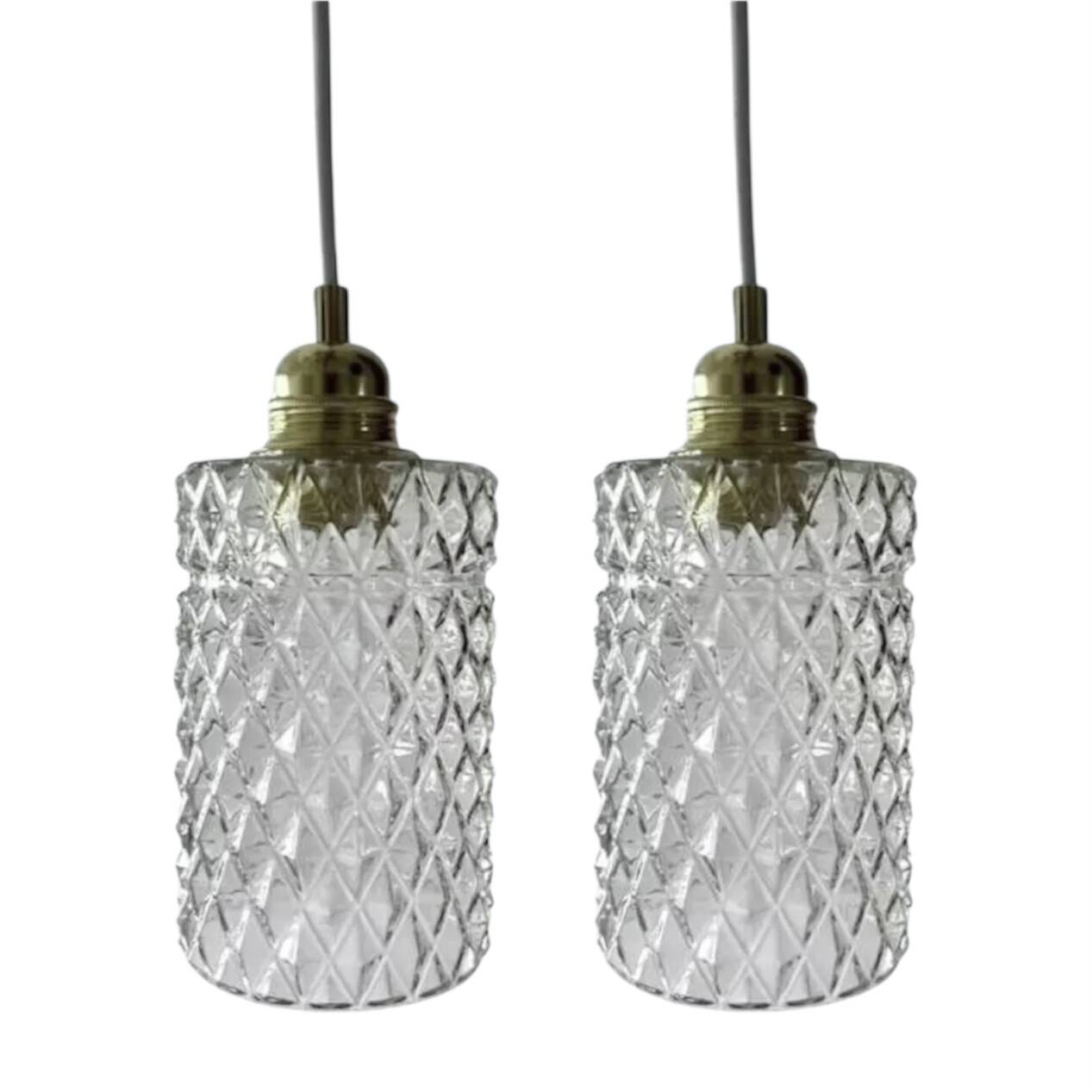 Set of two vintage chiseled glass pendant lights