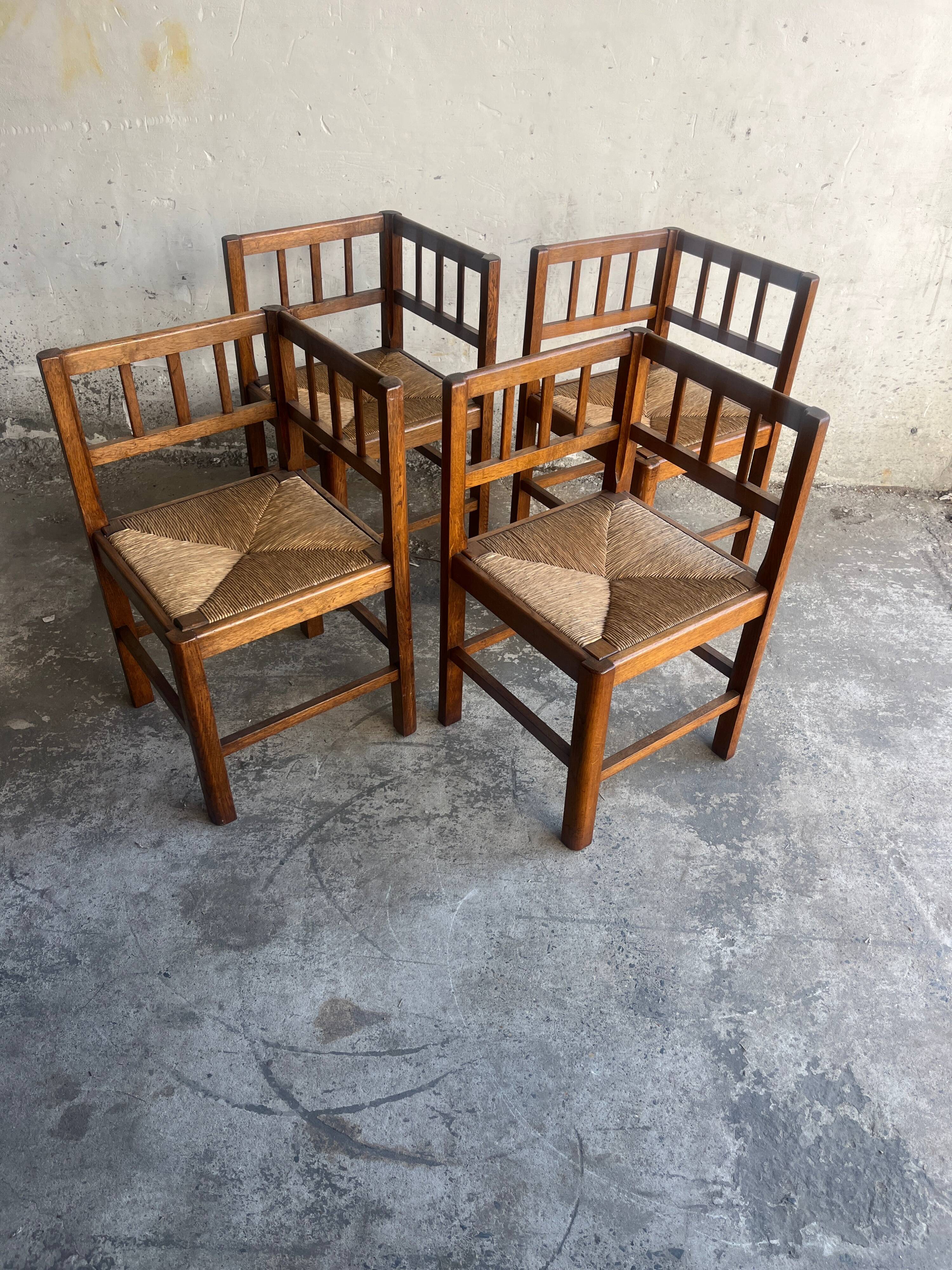 Set of 4 brutalist oak armchairs, 1950s