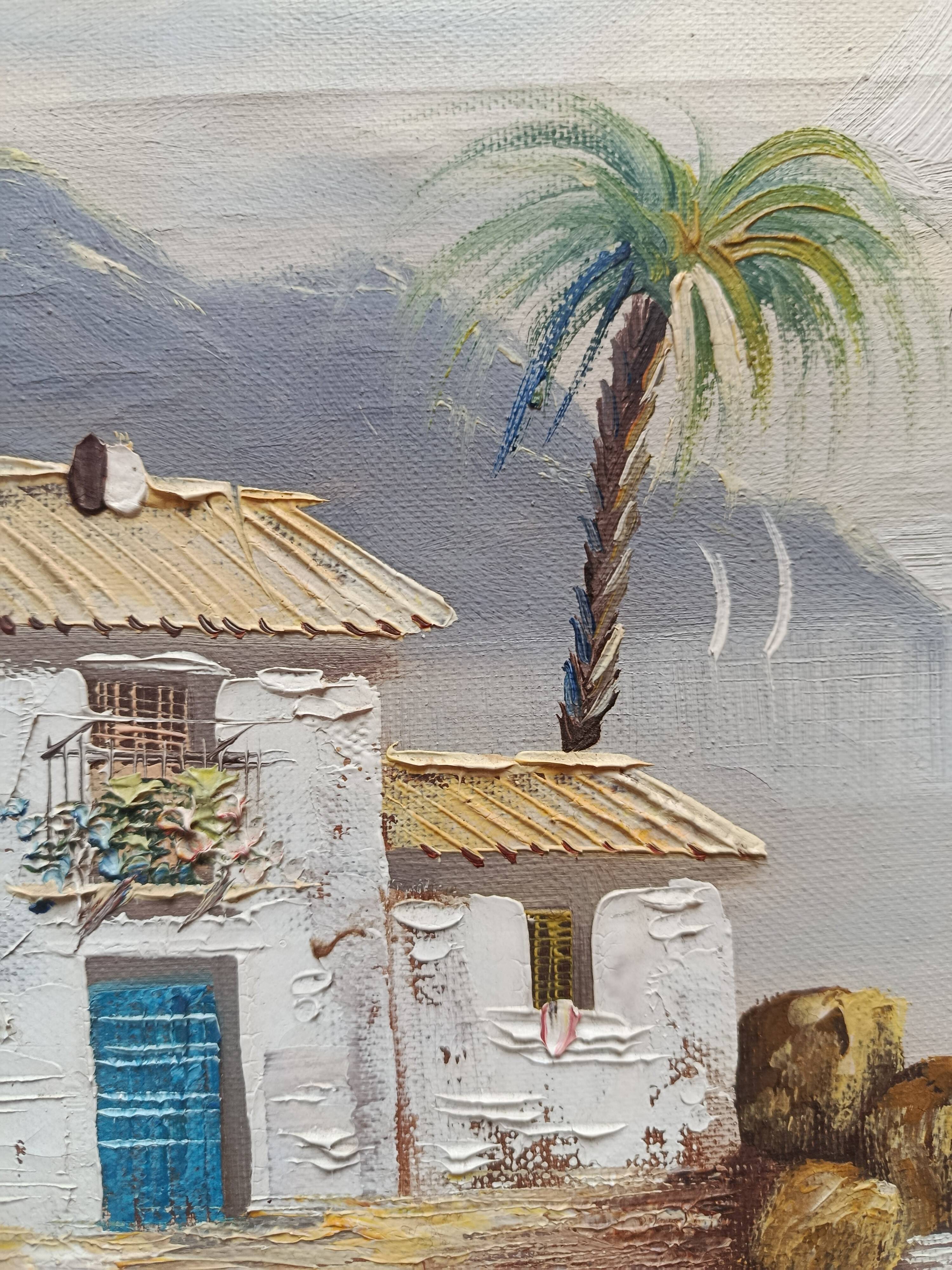 Hst 20th century signed solana: fishermen's houses, palm tree, tenerife, canary islands, spain
