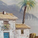 Hst 20th century signed solana: fishermen's houses, palm tree, tenerife, canary islands, spain