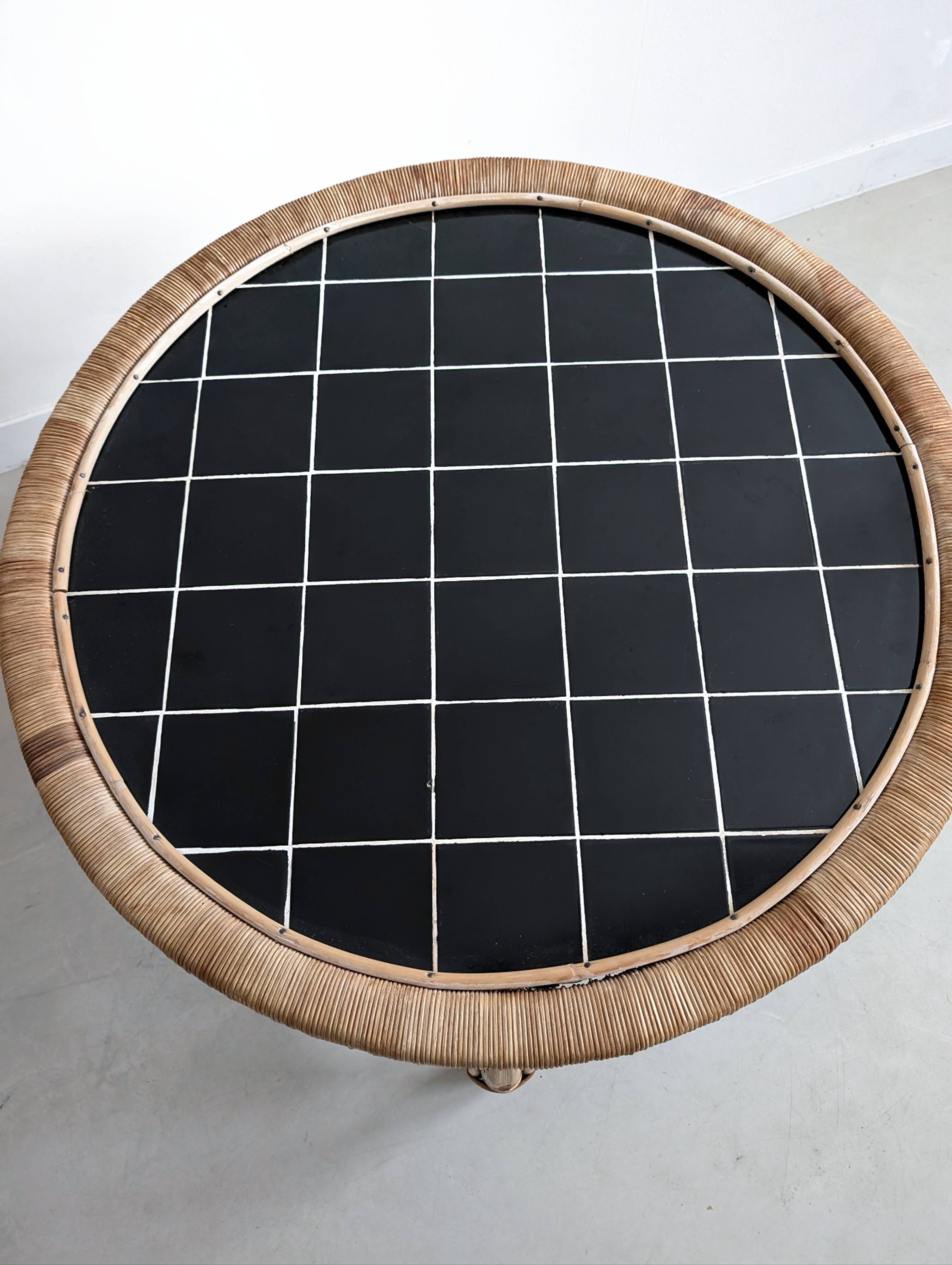 Round Black Tiled Rattan Coffee table 1960s