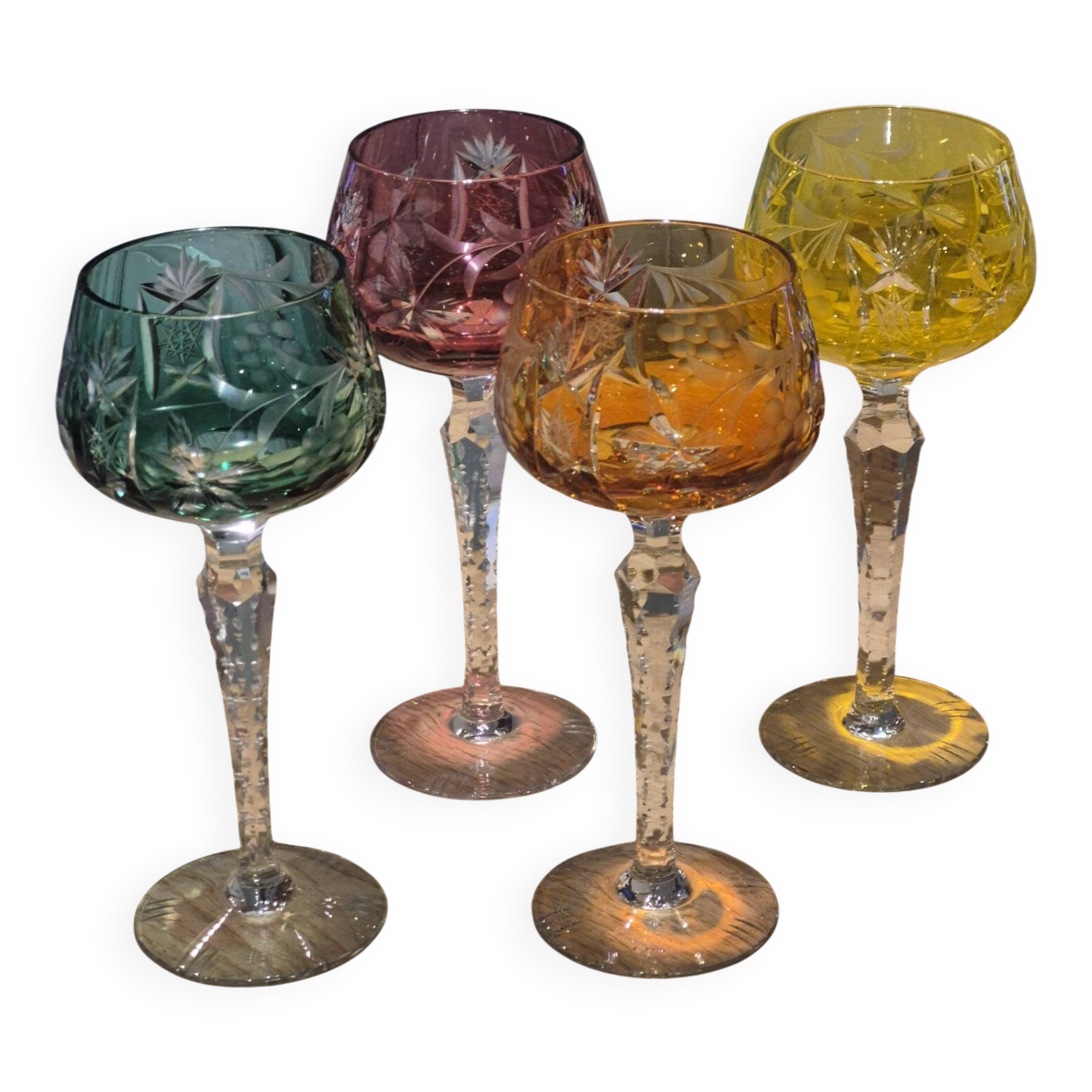 Set of 4 vintage coloured cut crystal wine glasses