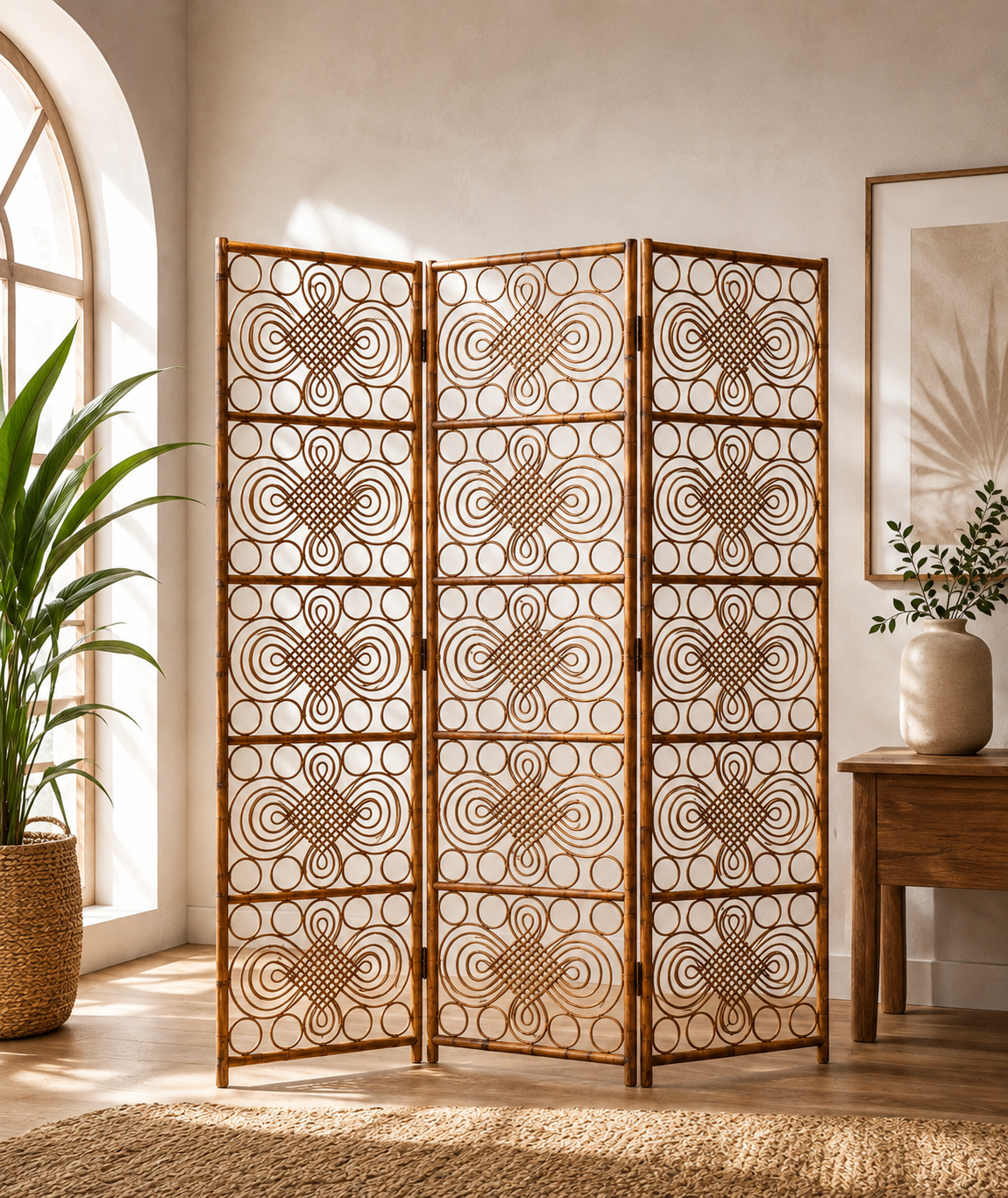 Vintage 1960s curved rattan screen