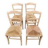 4 chaises bois massif blond chêne et paille