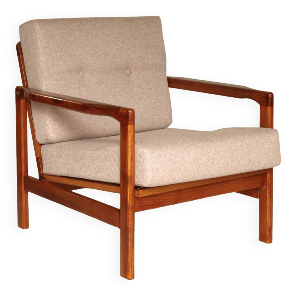 Fauteuil vintage en bois chaise longue design original 1965 tissu beige