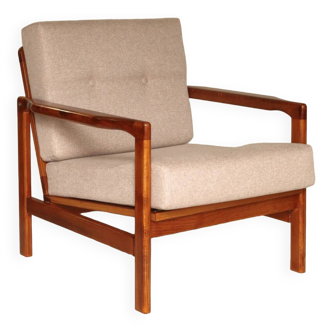 Fauteuil vintage en bois chaise longue design original 1965 tissu beige couleur chêne clair couleur bois style Boho fauteuil chaise de salon