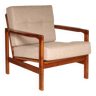Fauteuil vintage en bois chaise longue design original 1965 tissu beige couleur chêne clair couleur bois style Boho fauteuil chaise de salon