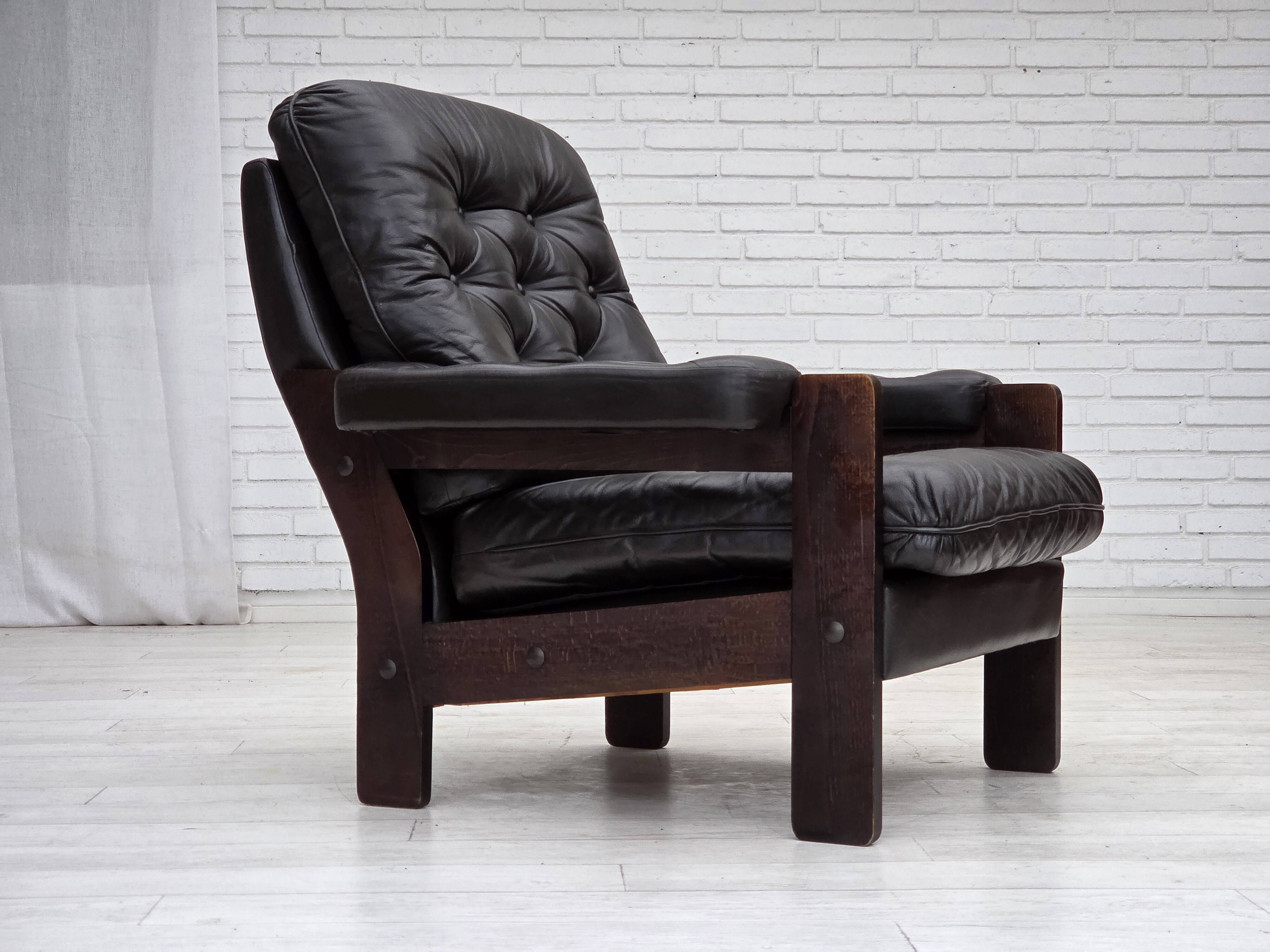 1970s, Danish armchair, brown furniture leather, oak wood.