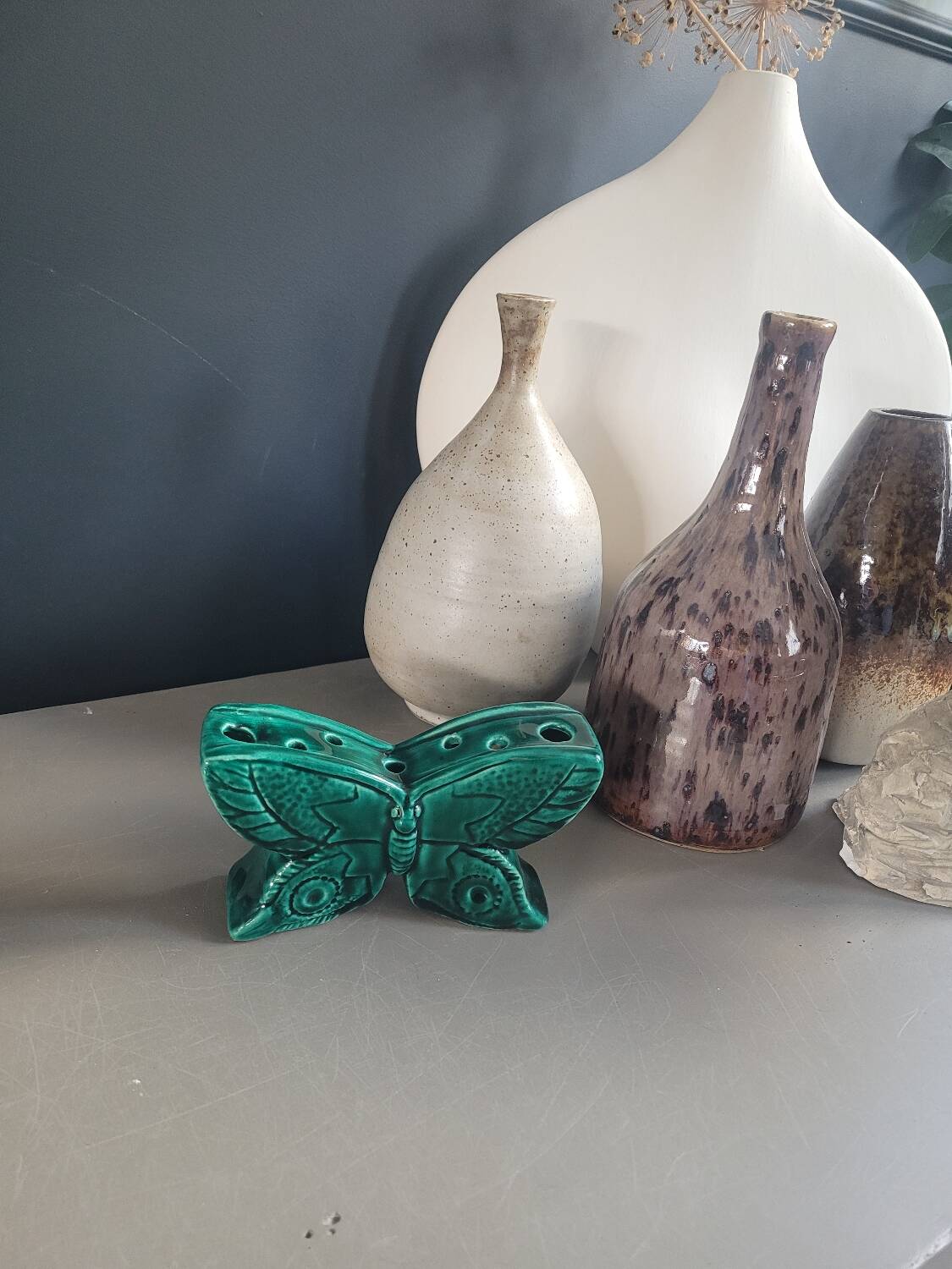 Green glazed ceramic butterfly flower frog