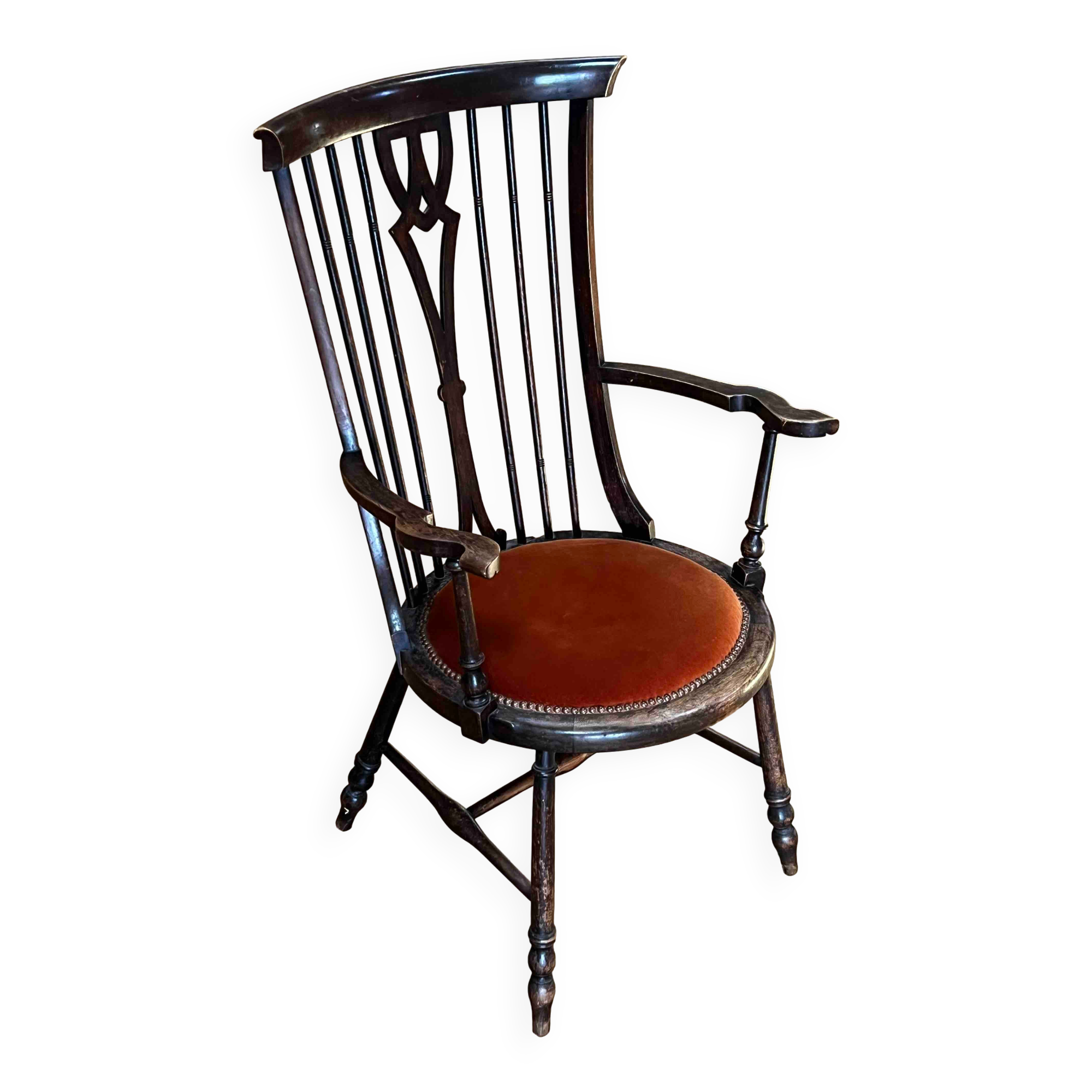 Fauteuil Windsor à dossier peigne, bois teinté et velours terracotta