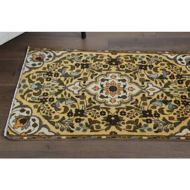 Tapis couloir vintage turc Oushak fait main en laine et coton jaune 59x378