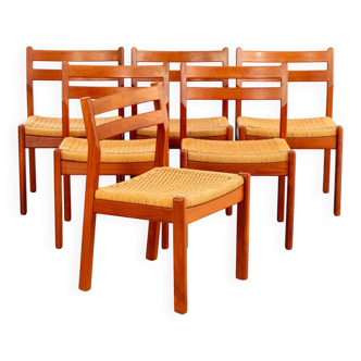 Set of 6 Scandinavian chairs in teak and rope