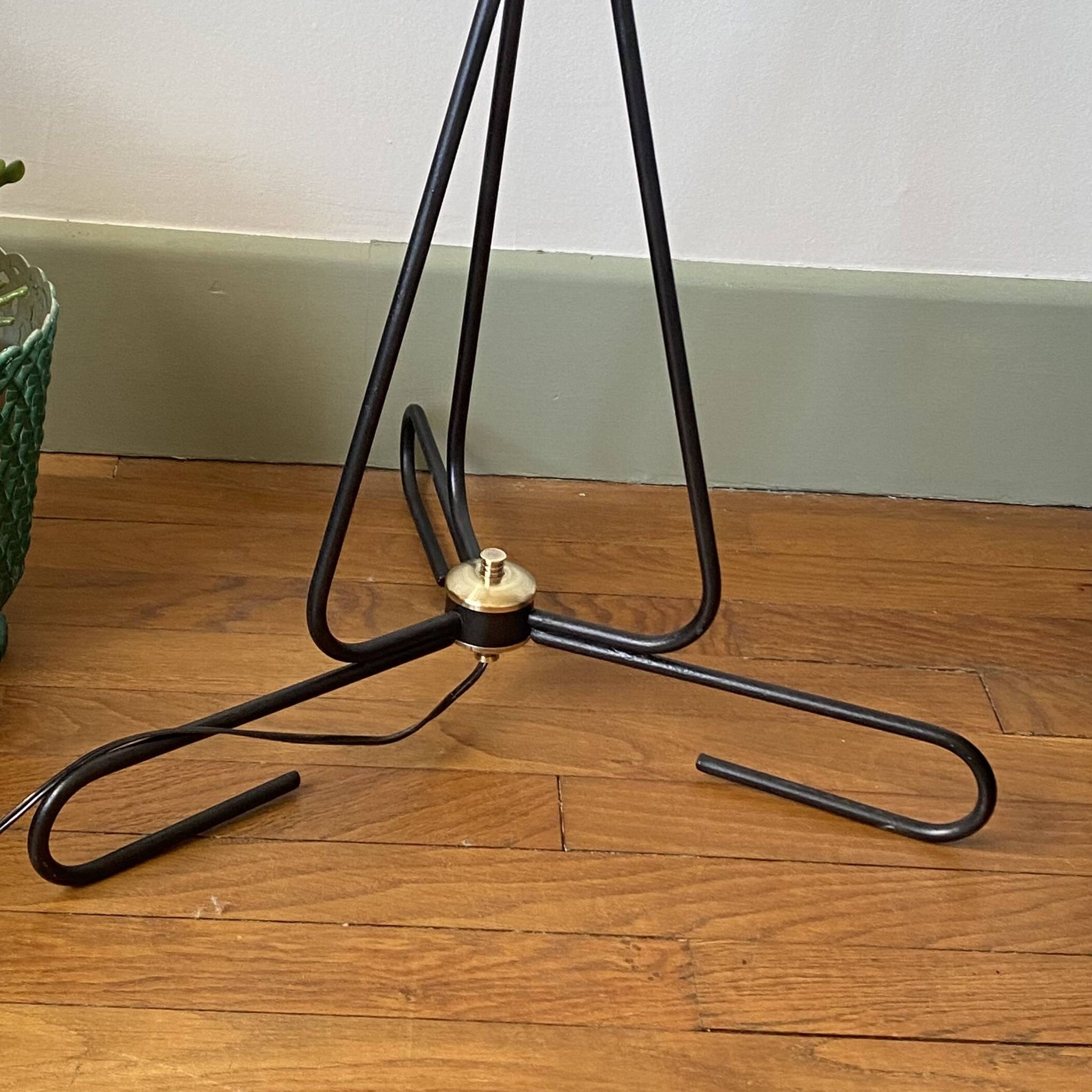 Large tripod floor lamp in black metal with 3 molded glass globes LAMP-7296