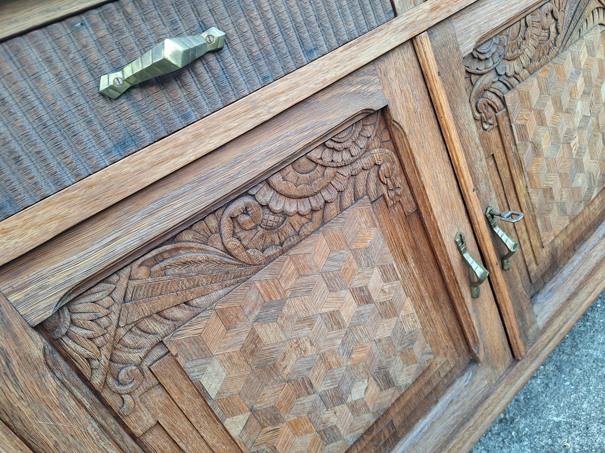Art Deco buffet with marble top, antique sideboard.