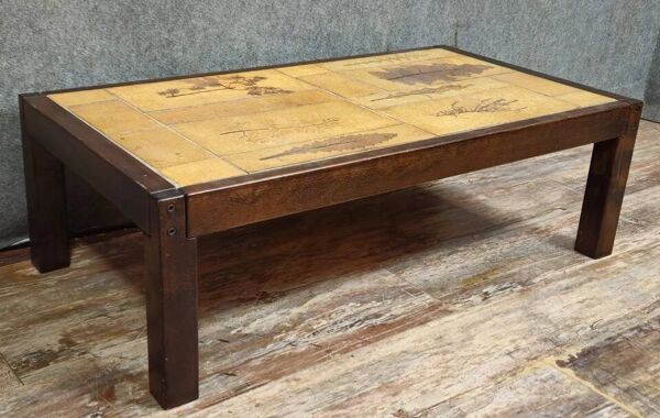 Table basse panneau de marqueterie encadré – Scène urbaine ancienne – 73 x 55 cm
