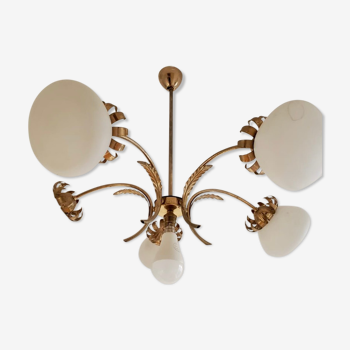 Chandelier 4 branches leaves and flowers opaline globe