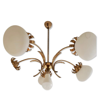 Lustre 4 branches feuilles et fleurs globe opaline