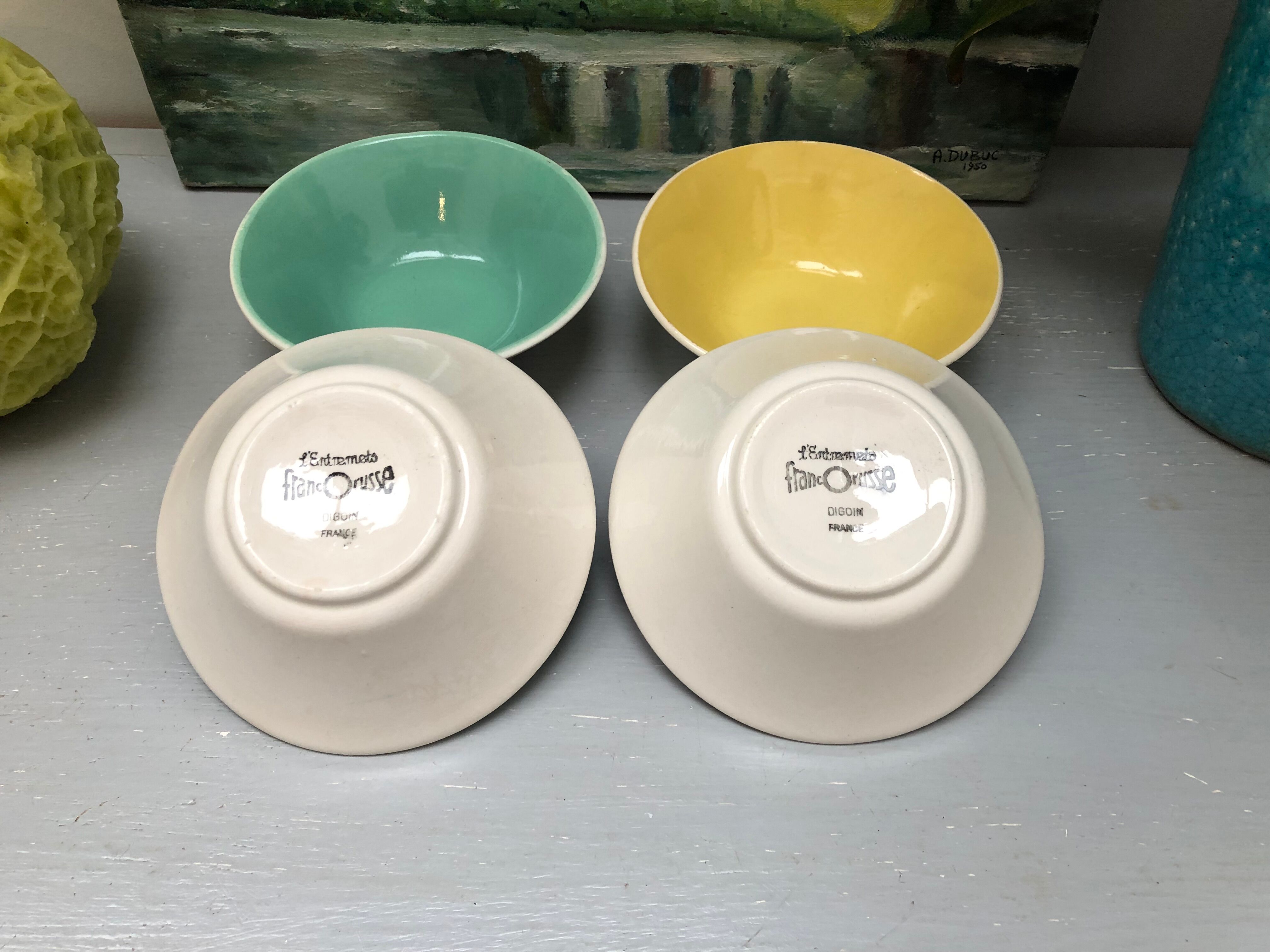 4 Digoin cups France the Francorussian green yellow blue pink dessert