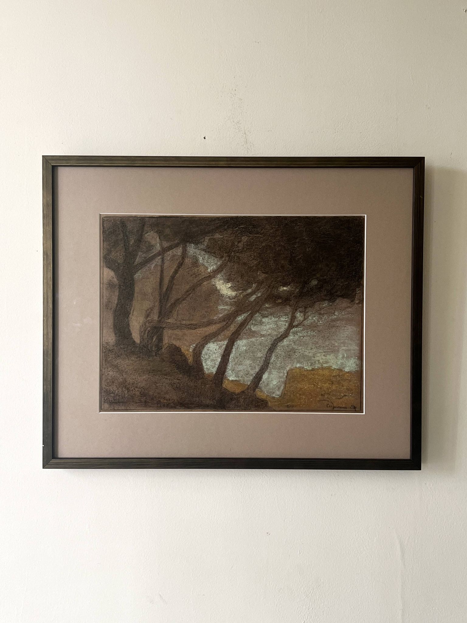 Tableau paysage en pastel sous verre signé Henri Marchal