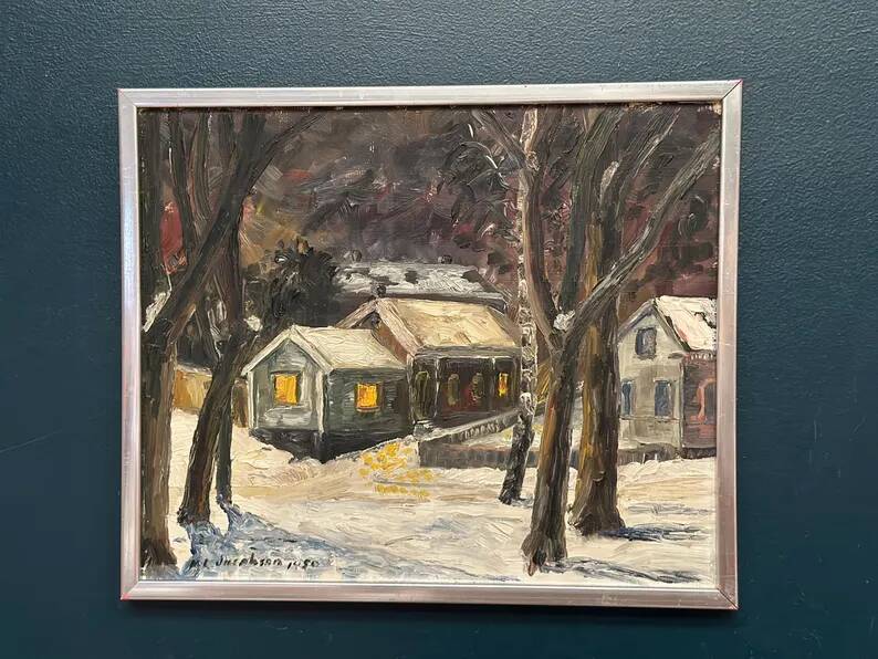 Original Swedish Oil on Panel – “Winter Landscape with House” by M. L. Jacobson – Signed – Vintage & Framed – 48 × 41 cm (18.9" × 16.1")