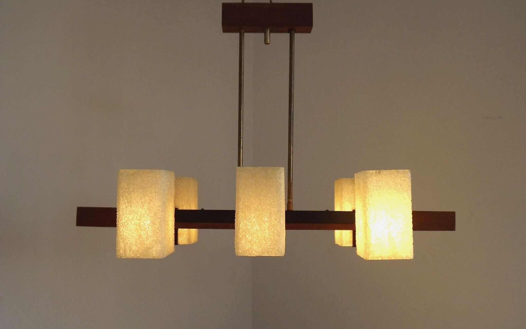 Super Retro 1960s Scandinavian Style 6 Light Teak Bass & Perspex Chandelier