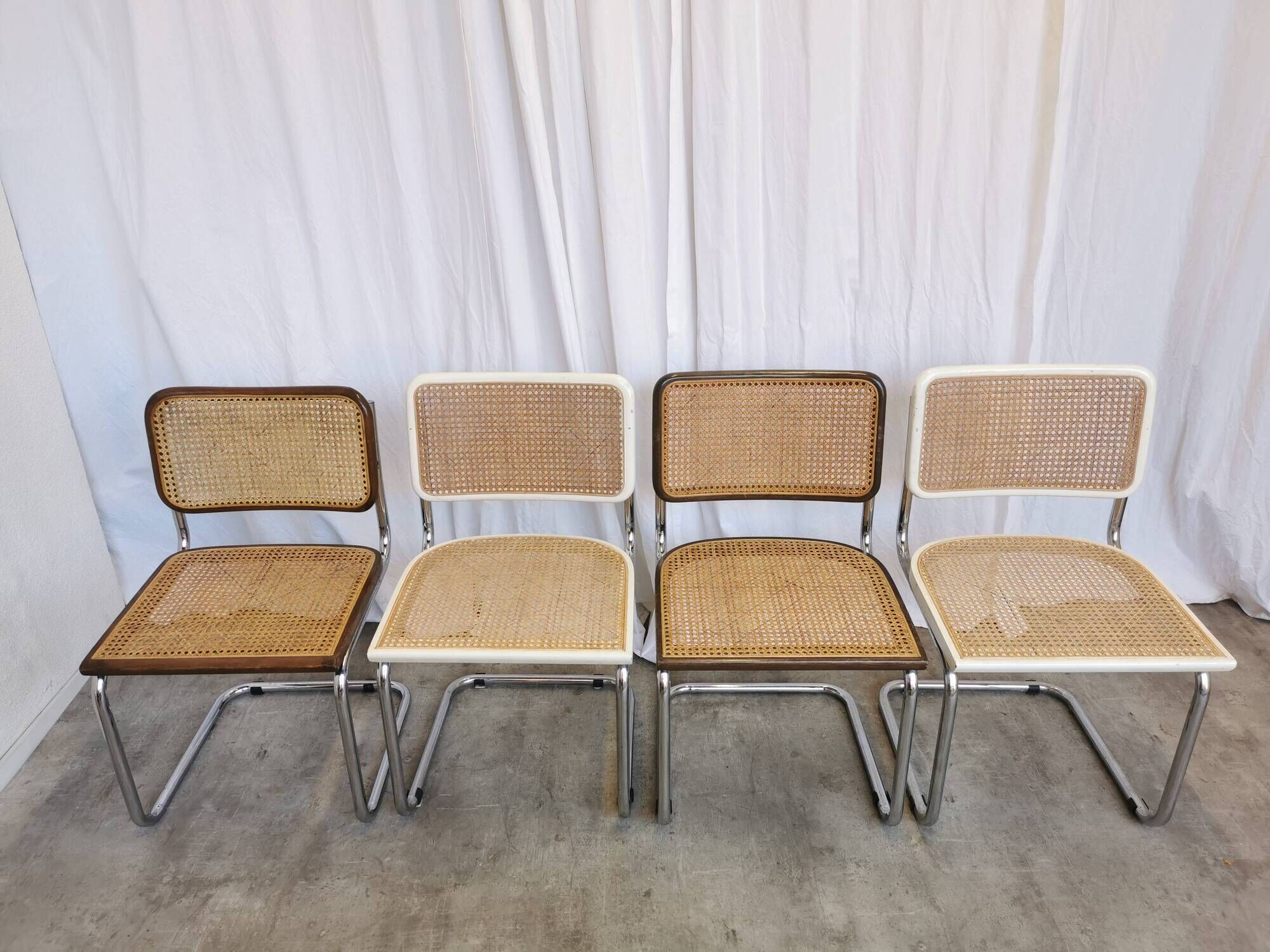 Set of 4 vintage cesca dining chairs / 2 brown 2 white / cane seat mid-century