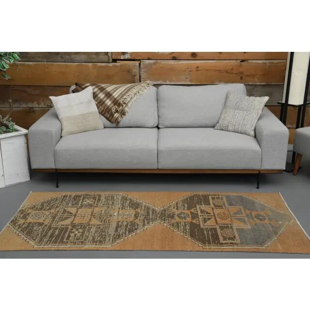 Vintage Turkish Hand-Knotted Wool Cotton Orange Runner Rug 96x214
