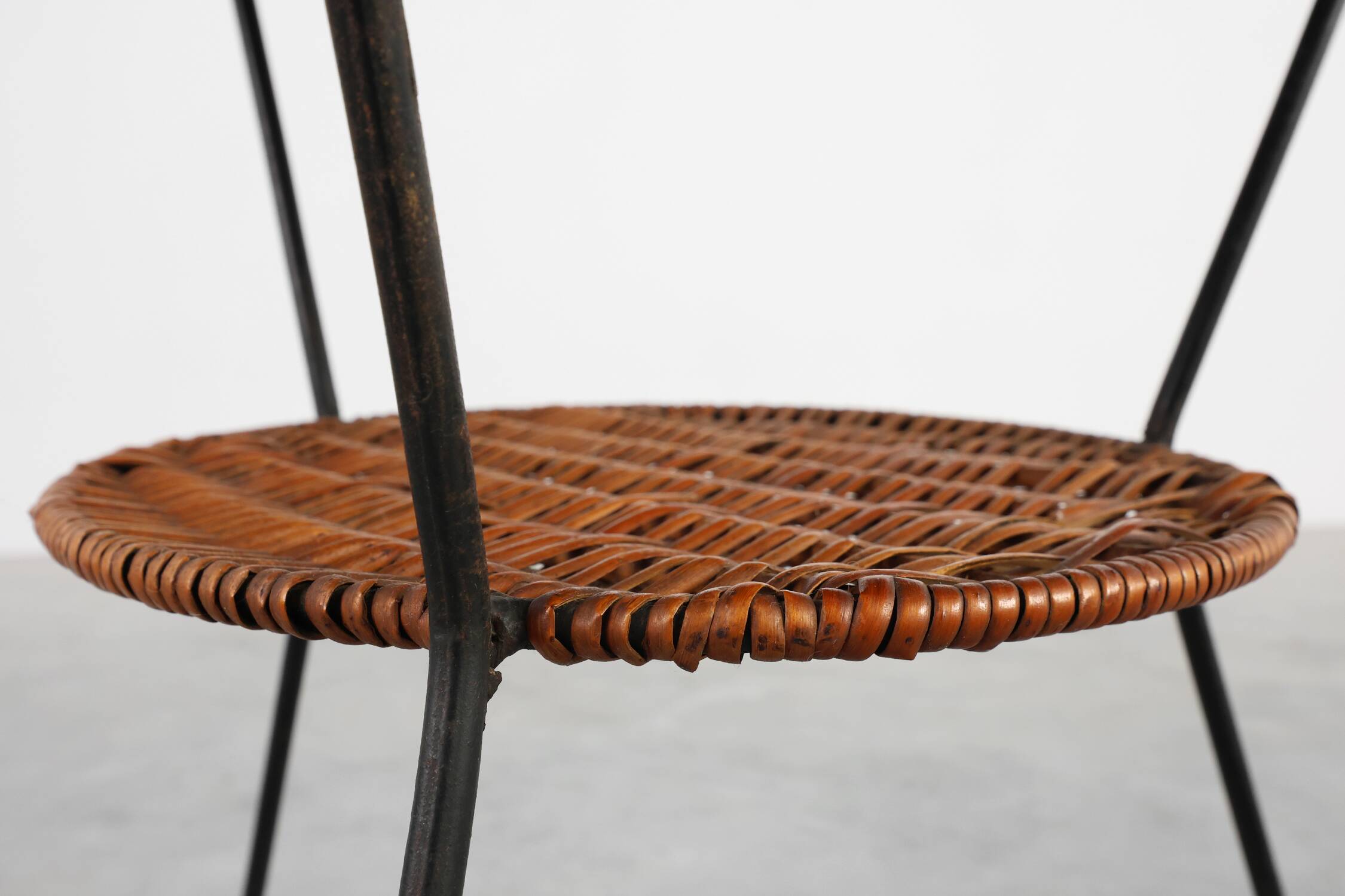 Mid-Century Woven Rattan, Wicker and Iron 2-Tier Round Coffee Table, Italy