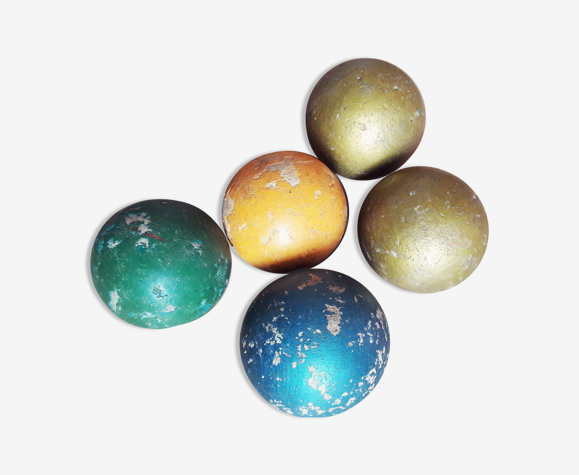 Lot de 5 anciennes boules en bois colorées