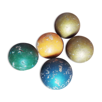 Lot de 5 anciennes boules en bois colorées