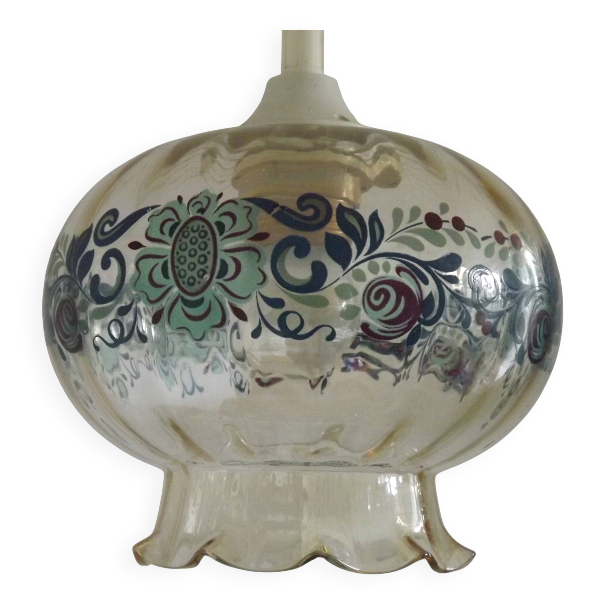 French Vintage Clear Glass Ceiling Light with Colourful Floral Decoration