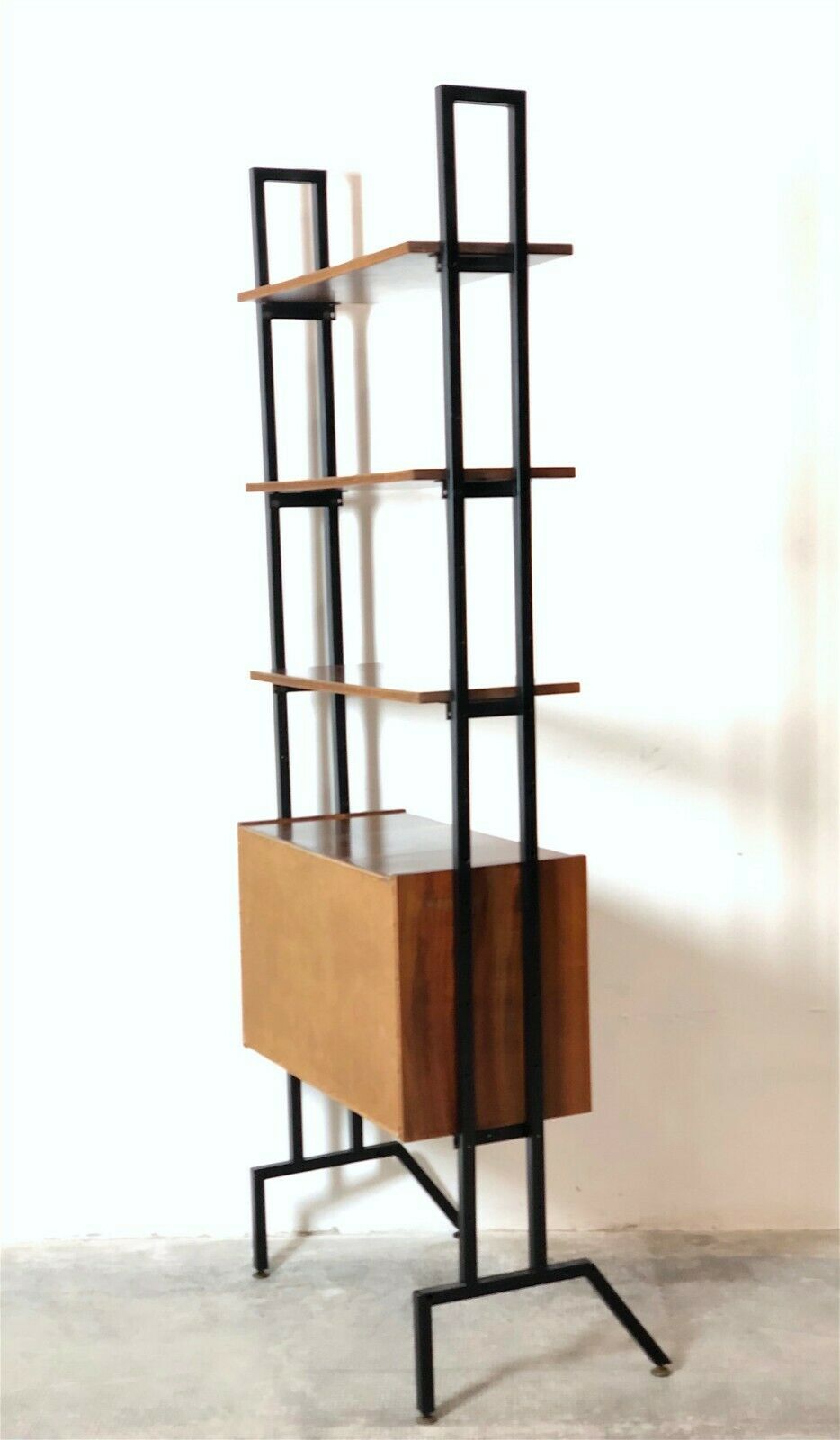 Modular storage cabinet and teak bookcase. Italy, 60s