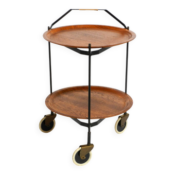 Chariot de service pliant de style Mid-Century avec plateaux en teck et pagwood amovibles.