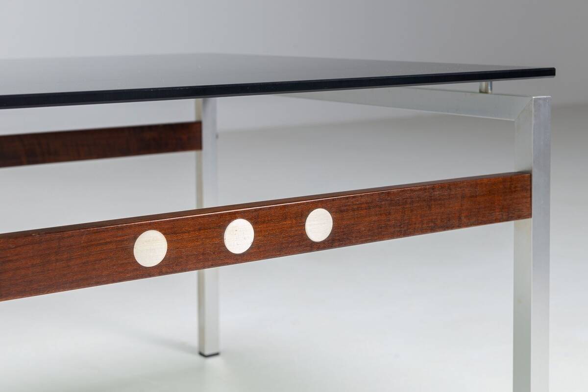 Scandinavian coffee table in metal, teak and smoked glass Denmark 1960
