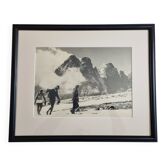 Vintage silver print of alpine hikers in the high mountains from the 1960s.