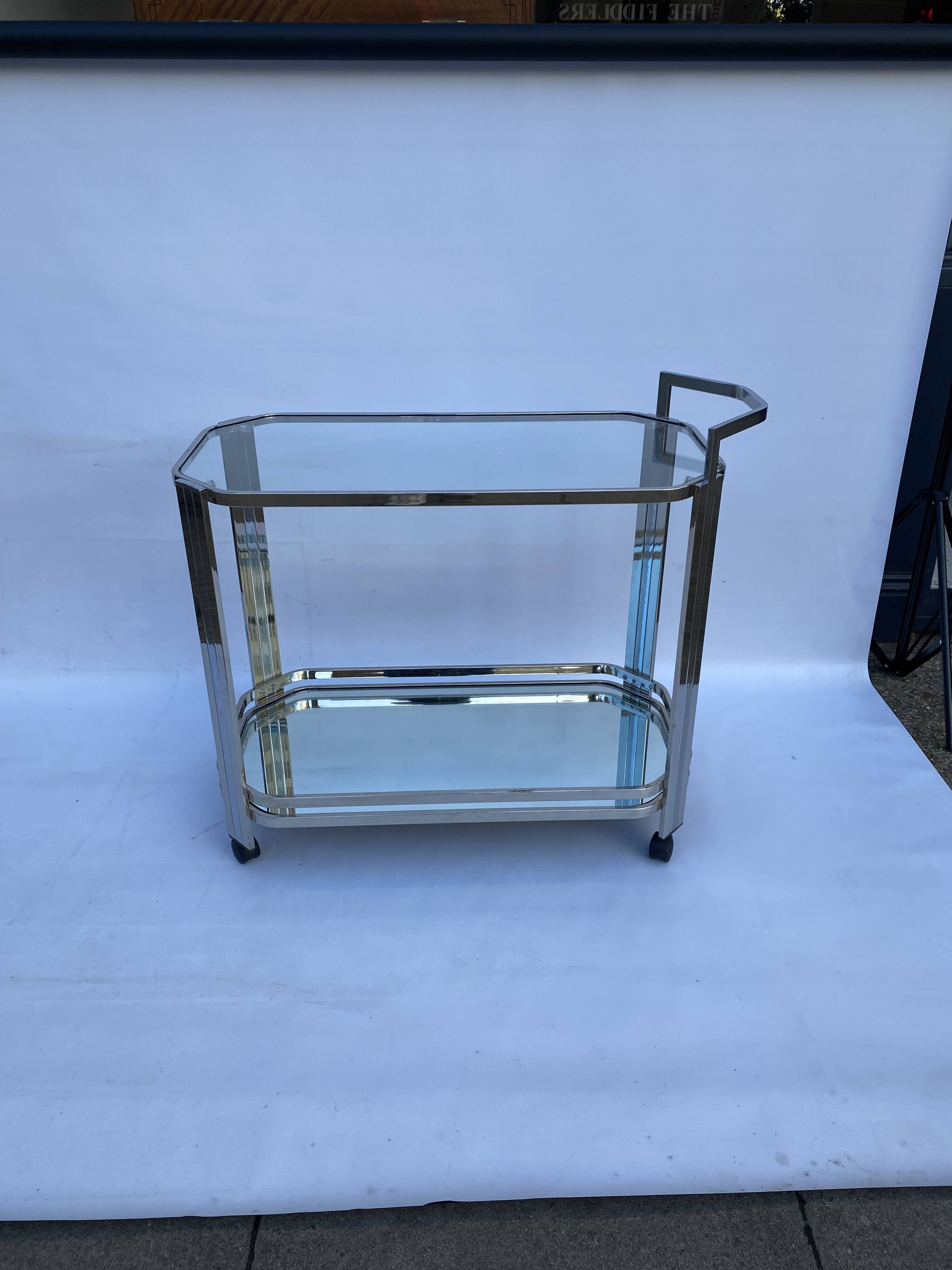 Romeo Rega Chrome Bar Cart Drinks Trolley Table Glass Hollywood Regency