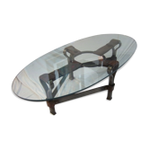 Table année 1970 en fer forgé cuir et verre