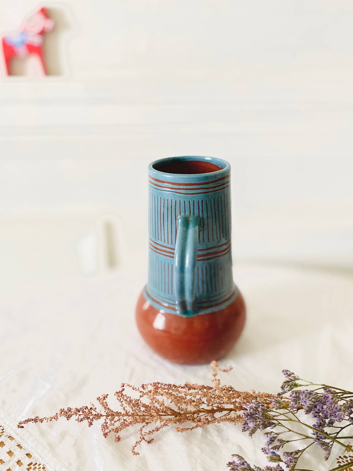 Vintage vase with handle Scandinavian ceramic Nittsjo Sweden