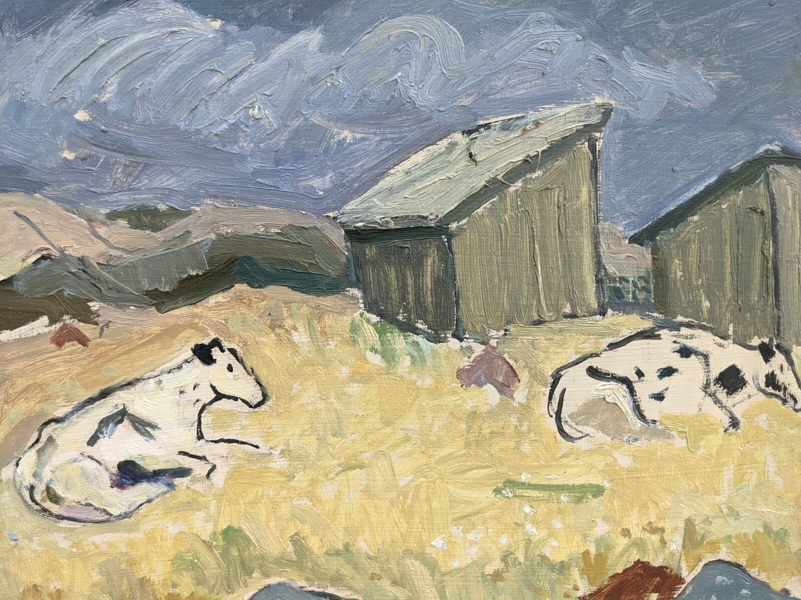 Mid 20th century "before the rain" swedish landscape animal cow oil painting, framed
