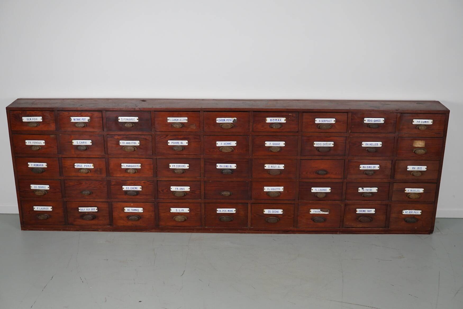Large Antique Belgian Pitch Pine Apothecary Cabinet with Enamel Shields, 1900s