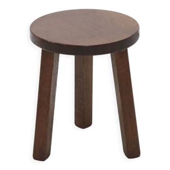 Brutalist round tripod solid oak stool 1960s