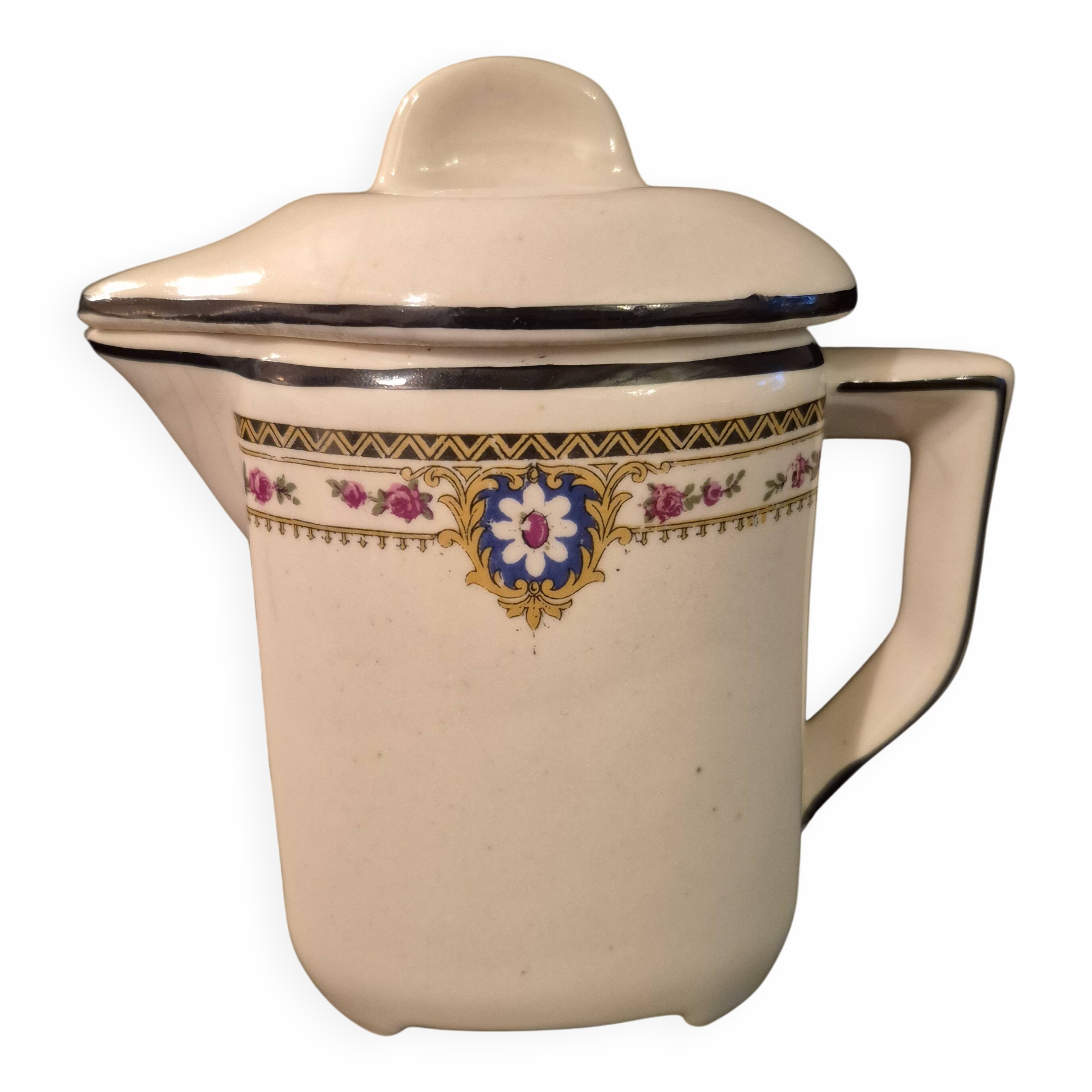 Old covered jug, vintage, geometric frieze and flowers with a border.