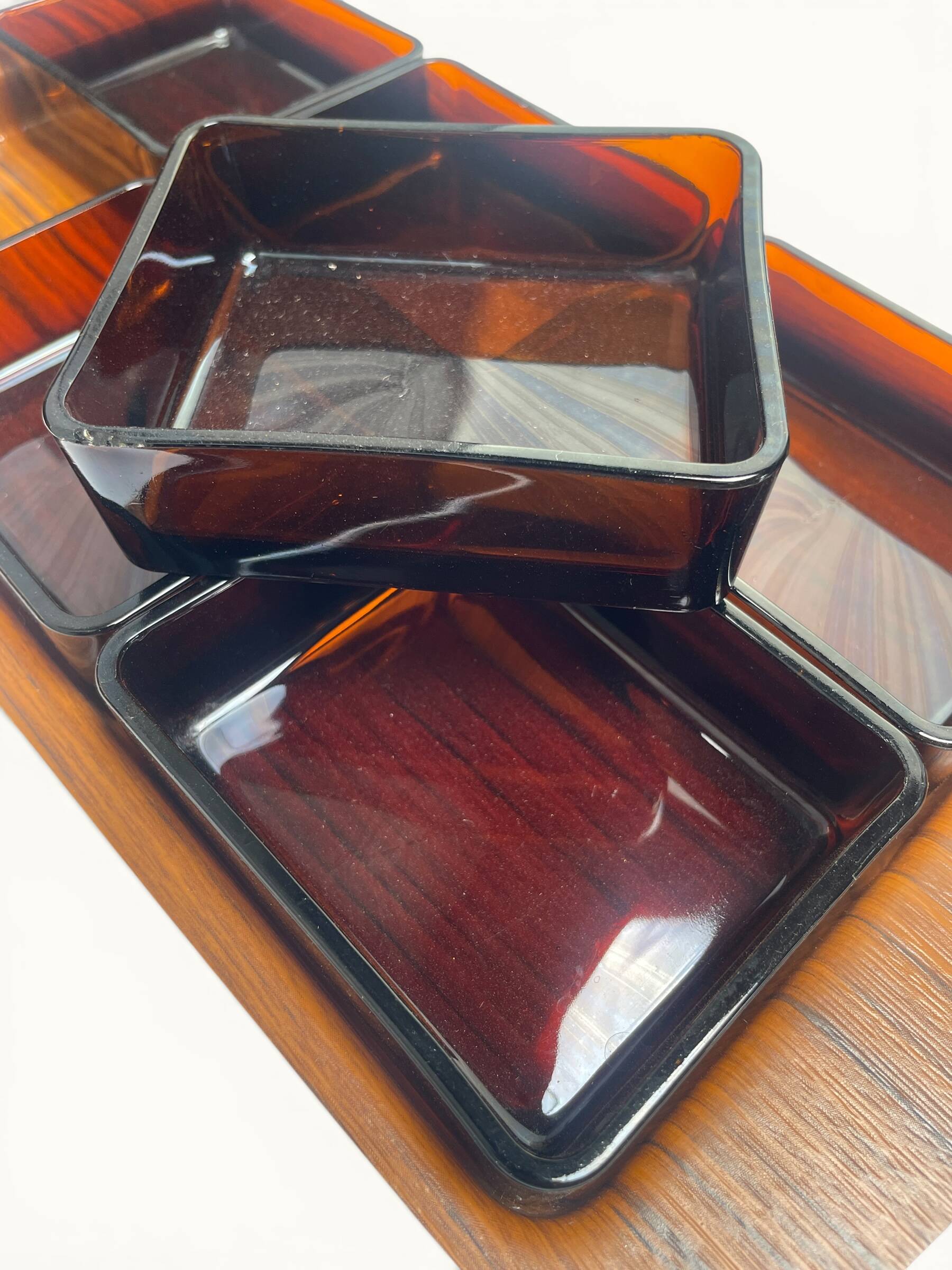 Plateau apéritif service Vereco — verre ambré fumé — France années 70